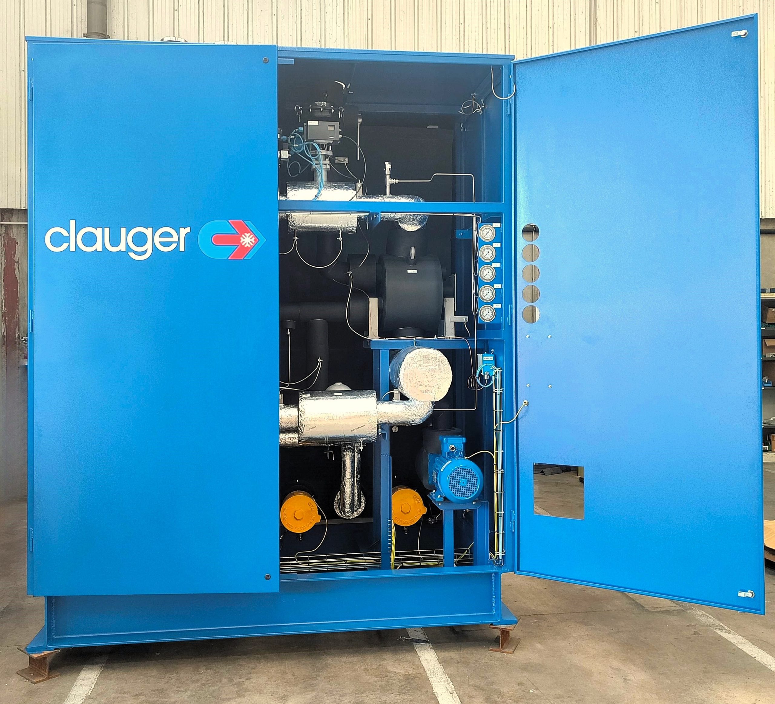 Novéal ATEX skid — front view with Clauger branding and doors open